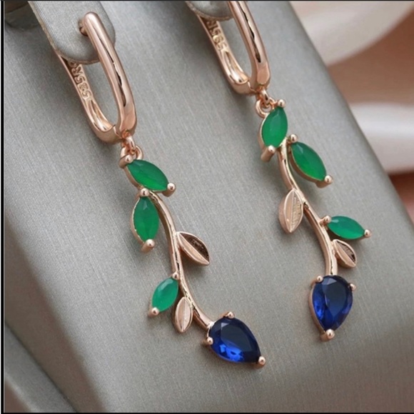 Jewelry - Natural Green and Blue Zircon Flower Drop Earrings 585 Rose Gold Plated New